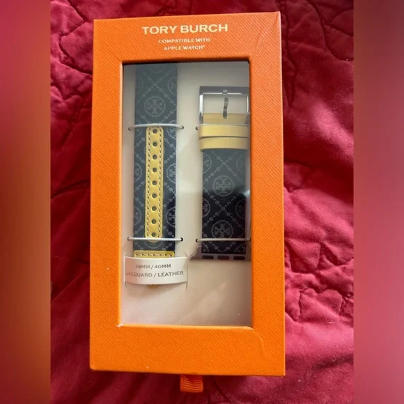 NEW! Tory Burch - T MONO BAND FOR APPLE WATCH®, DARK NAVY/YELLOW LEATHER - Picture 1 of 2